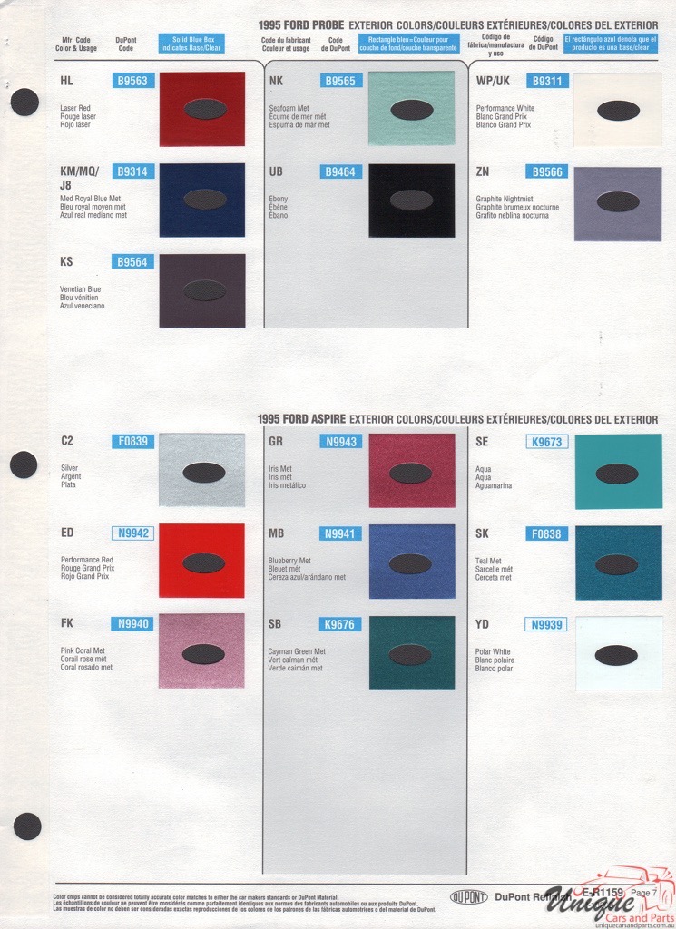 1995 Ford Paint Charts Probe Aspre DuPont